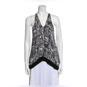 3.1 PHILLIP LIM Silk Printed Tank Top V-neck Black White Size S